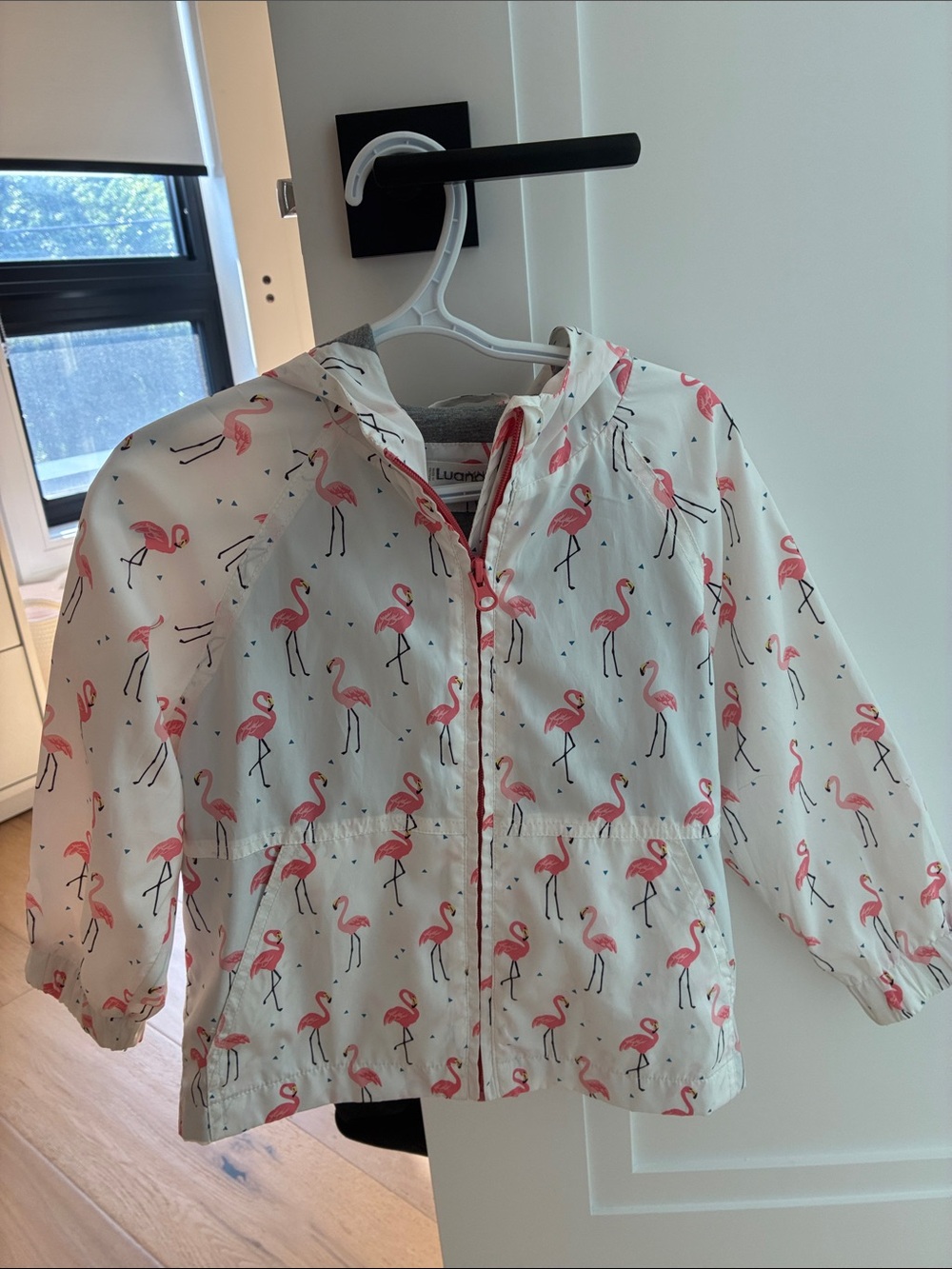 Mango Kids White Rain Jacket with Pink Flamingo Print